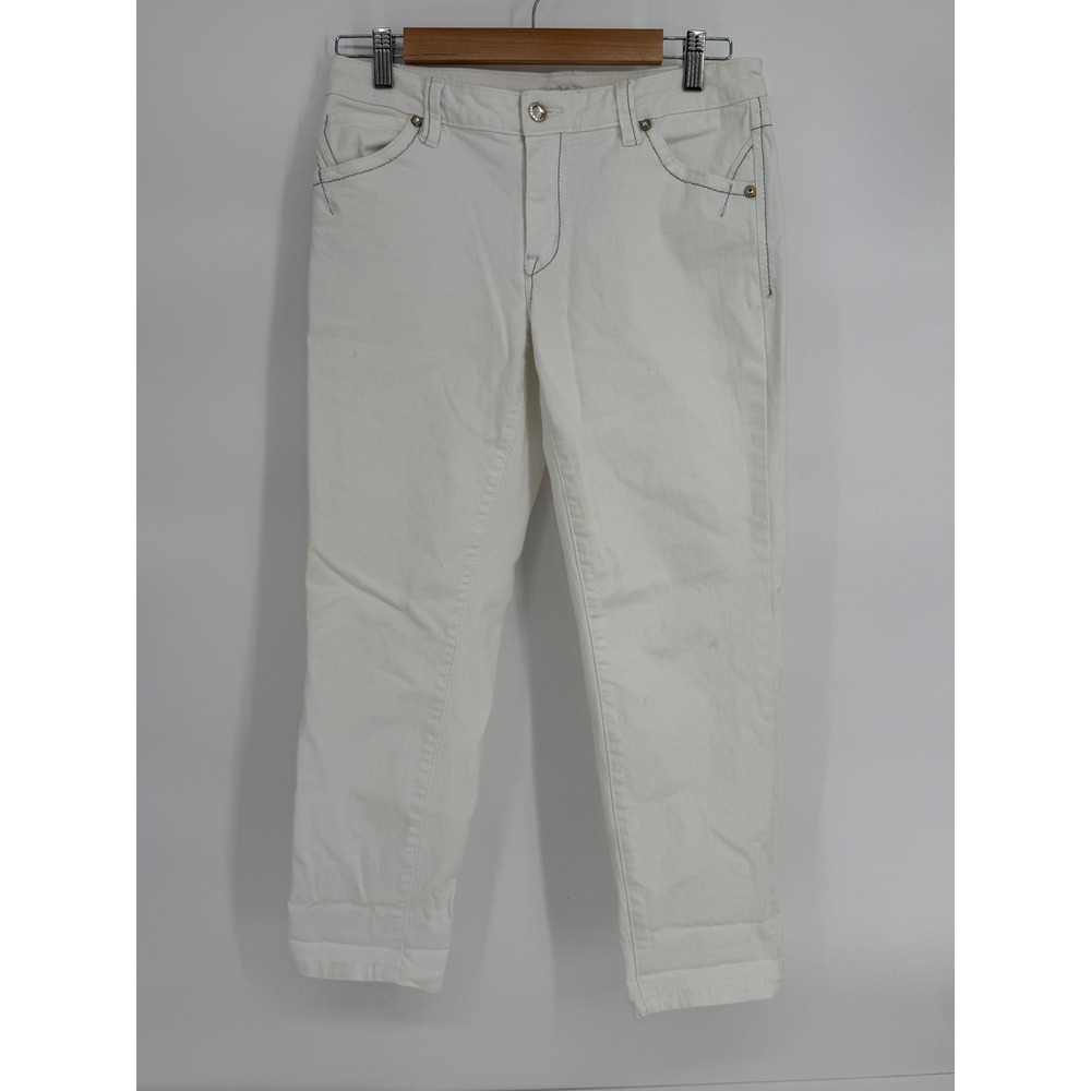 Cache Womens White Denim Cropped Slim Straight Jeans Sz 8 Embroidered Pockets